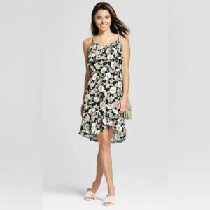 Xhilaration Floral Sleeveless Dress with Lace Up Back, Sz XS, Ruffle, Black